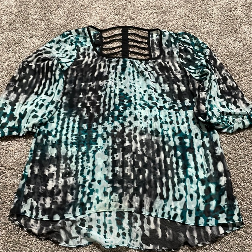 BCX Women's Small Blouse Strappy Back shirt black green gray design‎ lightweight